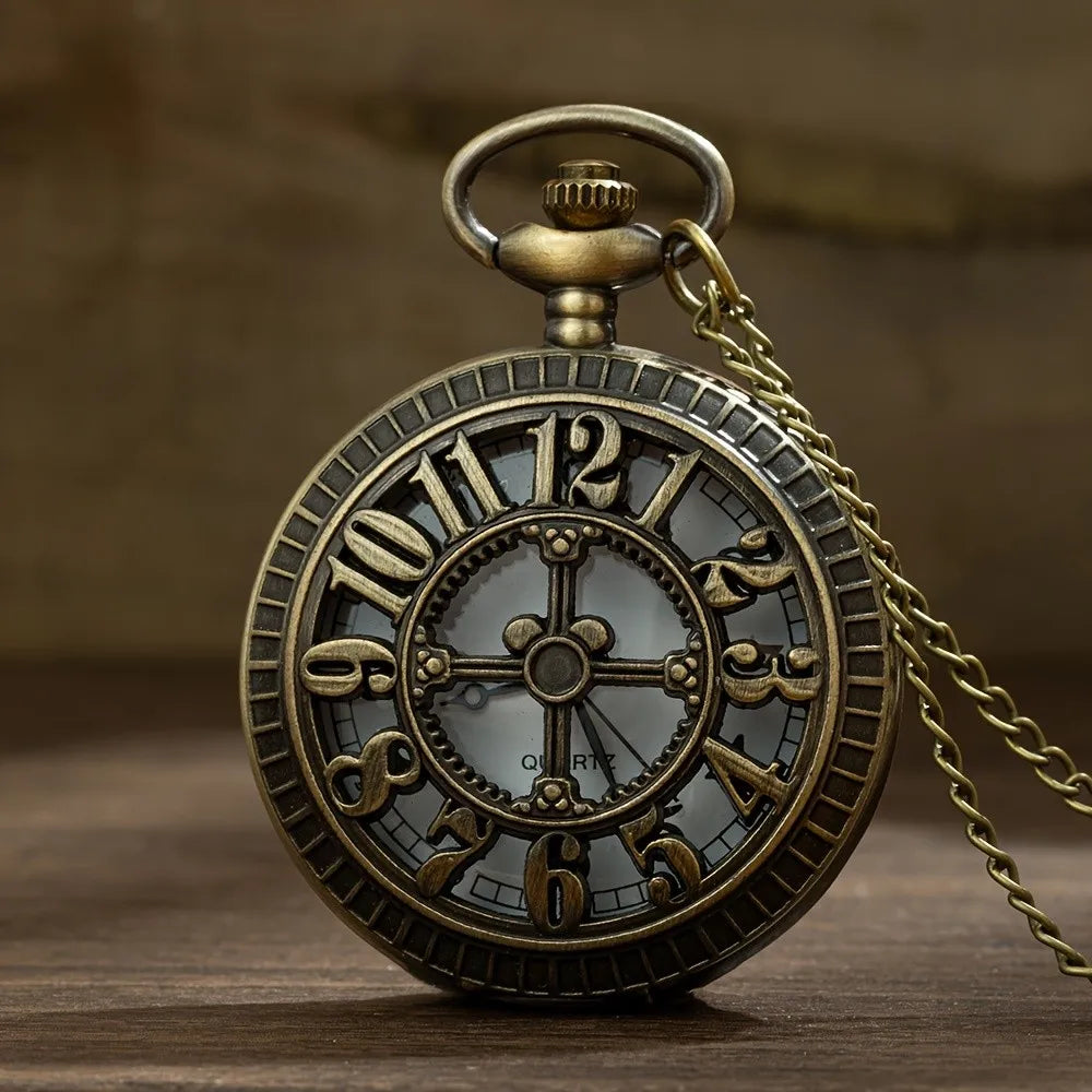 Exquisite Vintage Bronze Steampunk Pocket Watch, Carved Hollow Arabic Numerals Flip Quartz Clock, Retro Necklace Hanging Watch