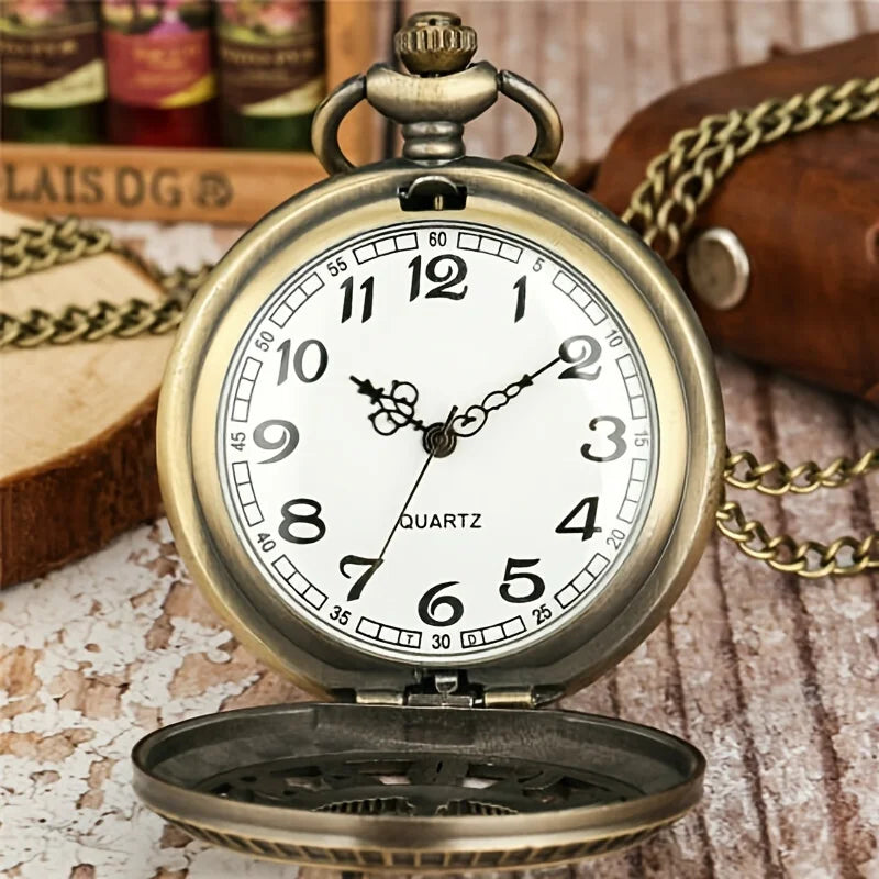 Exquisite Vintage Bronze Steampunk Pocket Watch, Carved Hollow Arabic Numerals Flip Quartz Clock, Retro Necklace Hanging Watch