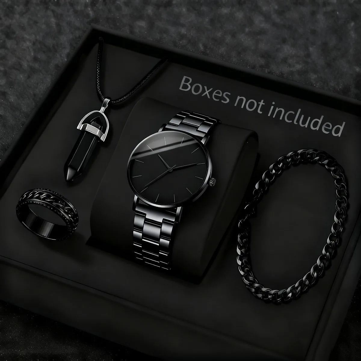 4PCS Fashion Men Business Watches Jewelry Set Simple Dial Quartz Wristwatch for Man Clock Relogio Masculino（Without Box）