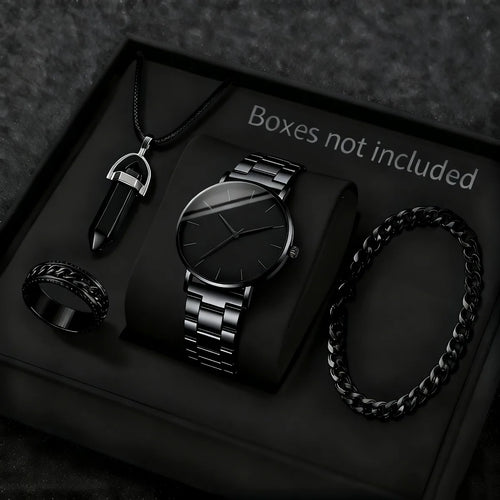 4PCS Fashion Men Business Watches Jewelry Set Simple Dial Quartz Wristwatch for Man Clock Relogio Masculino（Without Box）