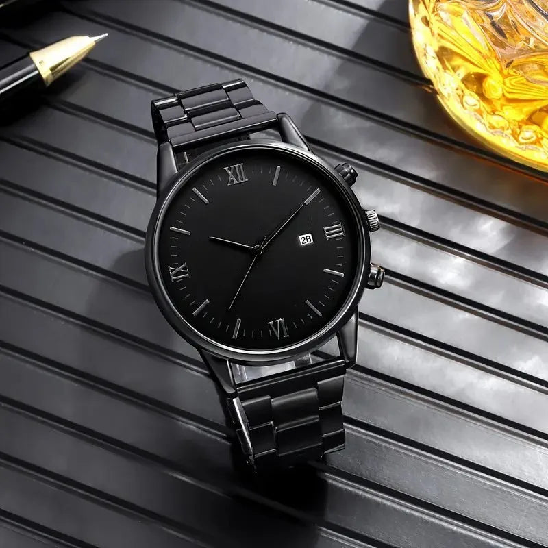 4-piece/set men's black minimalist quartz watch set with bracelet, necklace, and ring -