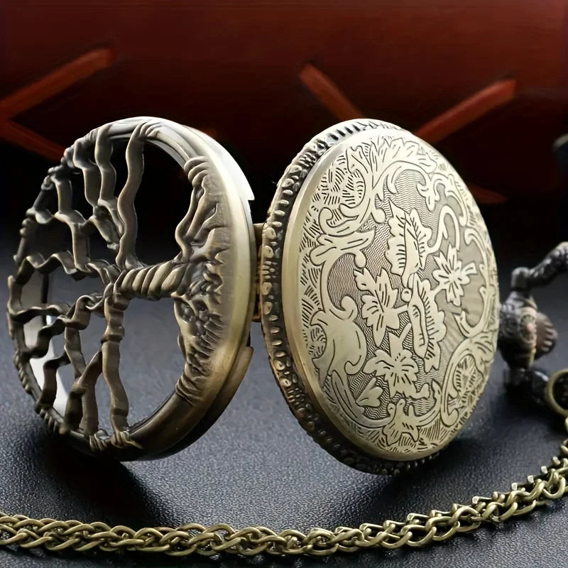Vintage Bronze Hollow Tree of Life Design Quartz Pocket Watch, with Necklace Chain, Exquisite Timepiece Gift for Women Men