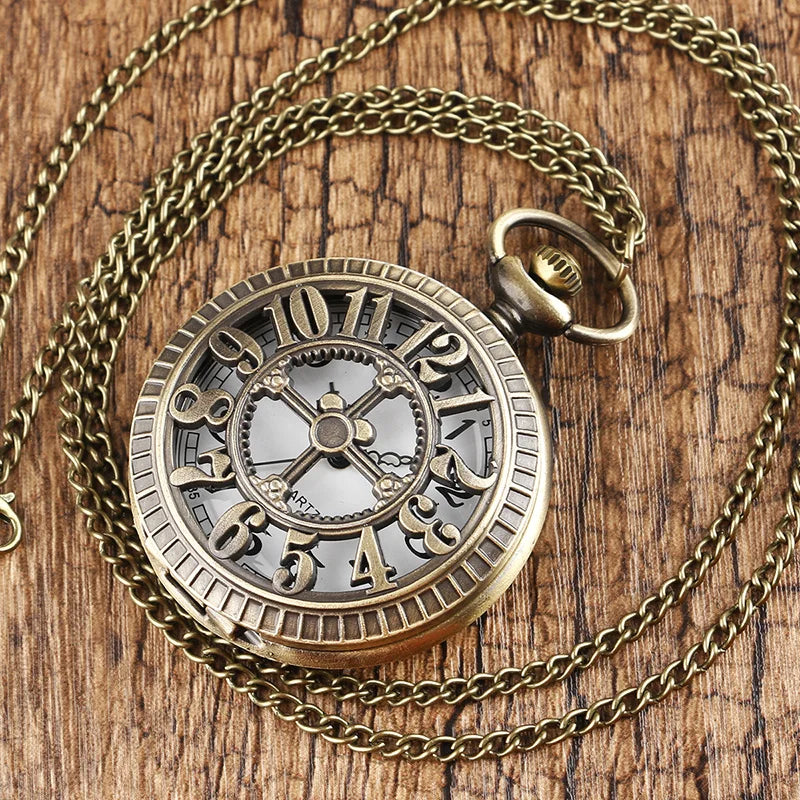 Exquisite Vintage Bronze Steampunk Pocket Watch, Carved Hollow Arabic Numerals Flip Quartz Clock, Retro Necklace Hanging Watch