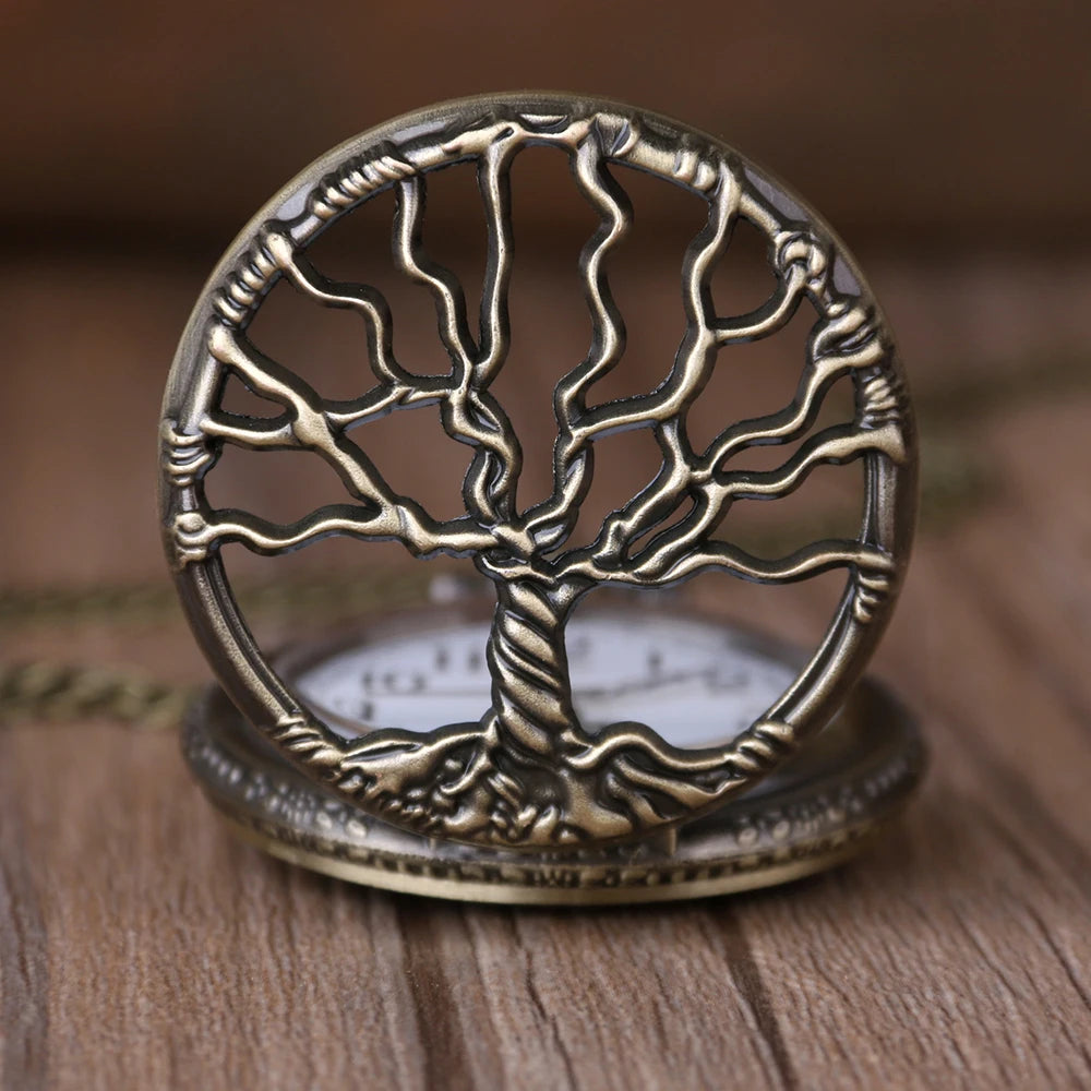 Vintage Bronze Hollow Tree of Life Design Quartz Pocket Watch, with Necklace Chain, Exquisite Timepiece Gift for Women Men