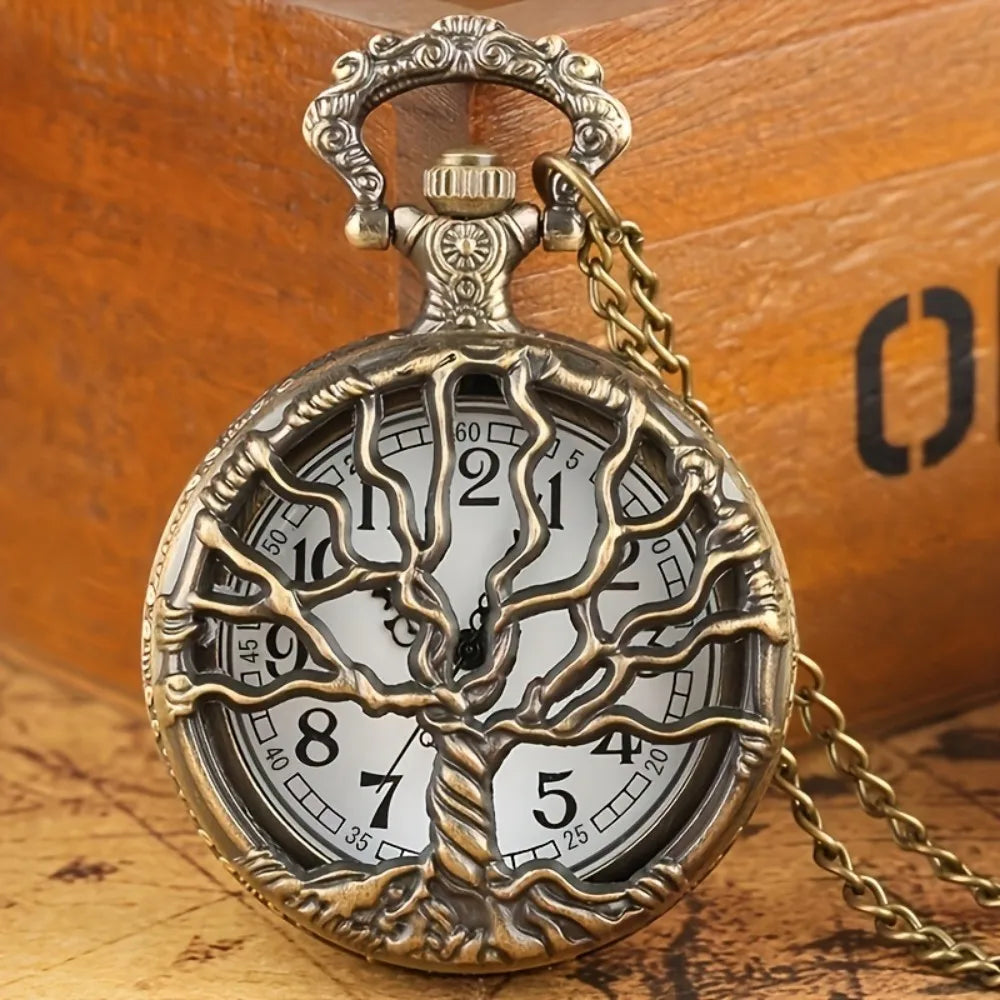 Vintage Bronze Hollow Tree of Life Design Quartz Pocket Watch, with Necklace Chain, Exquisite Timepiece Gift for Women Men