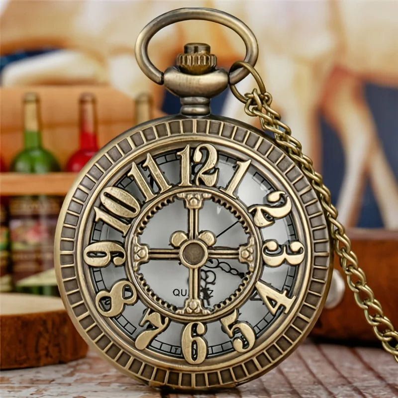 Exquisite Vintage Bronze Steampunk Pocket Watch, Carved Hollow Arabic Numerals Flip Quartz Clock, Retro Necklace Hanging Watch